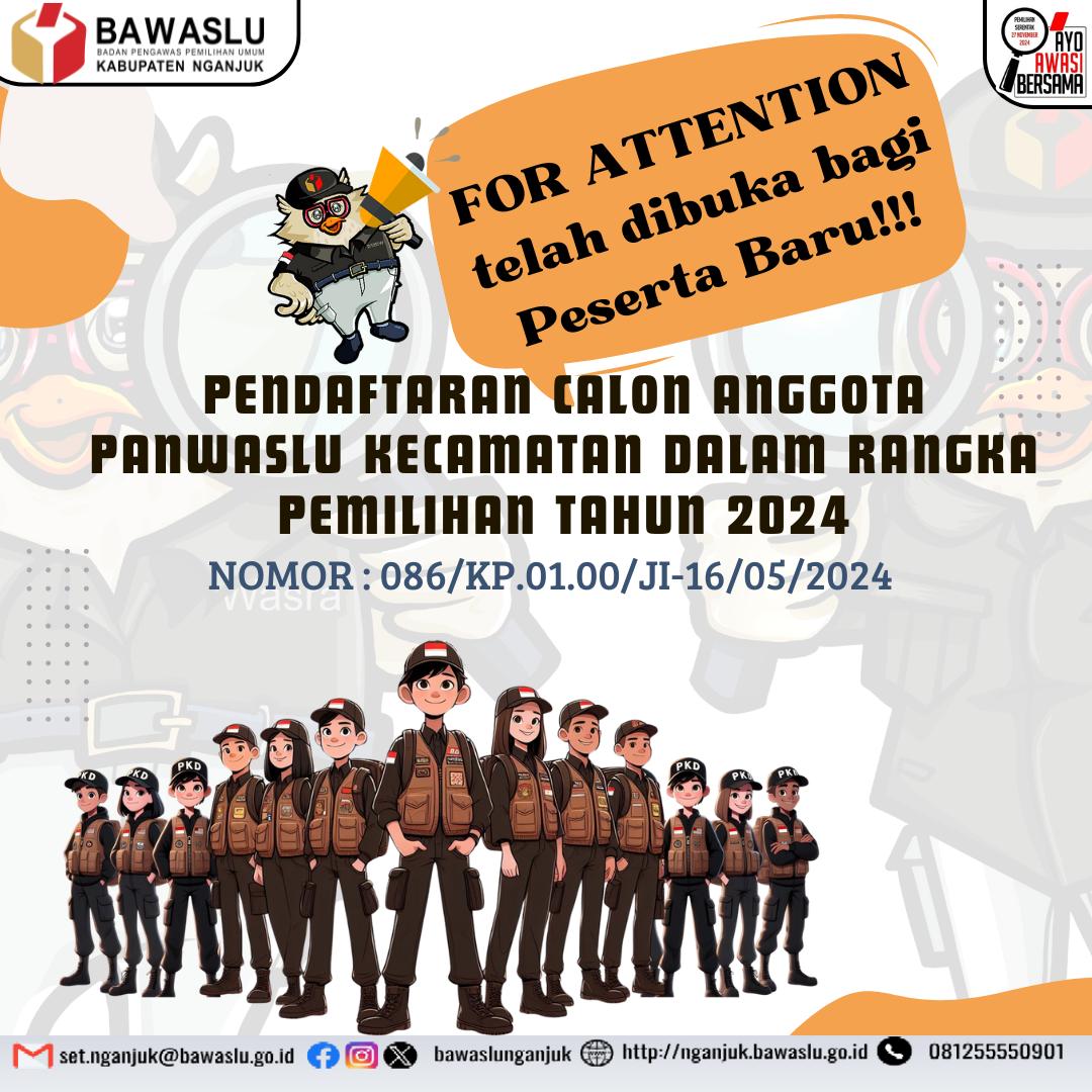 Pengumuman Pendaftaran calon Anggota Panwaslu Kecamatan bagi Pendaftar Baru dalam Pemilihan Serentak Tahun 2024