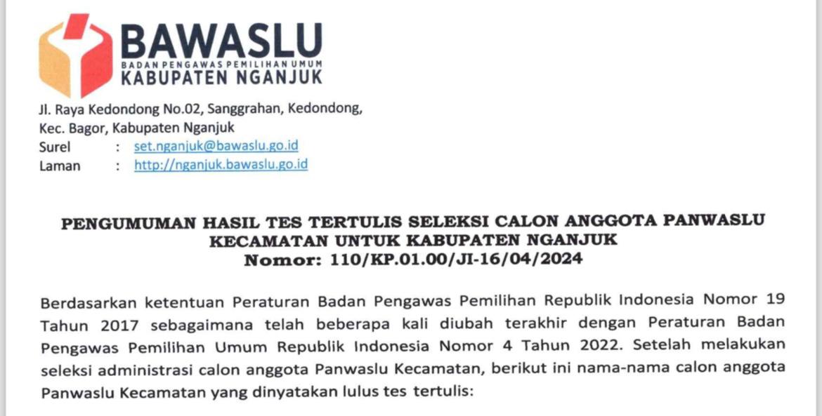 Pengumuman Hasil Tes Tertulis Calon Anggota Panwaslu Kecamatan 
