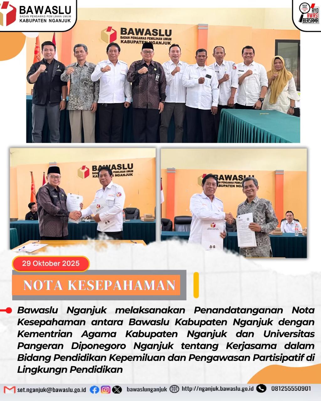 Bawaslu Nganjuk MOU dengan Kemenag dan UPDN 